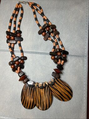 Vintage Brown & Black Multistrand Wood Boho/African Style Pendant Necklace